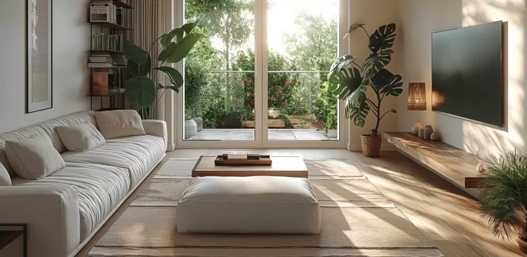 Séjour moderne avec grande baie vitrée