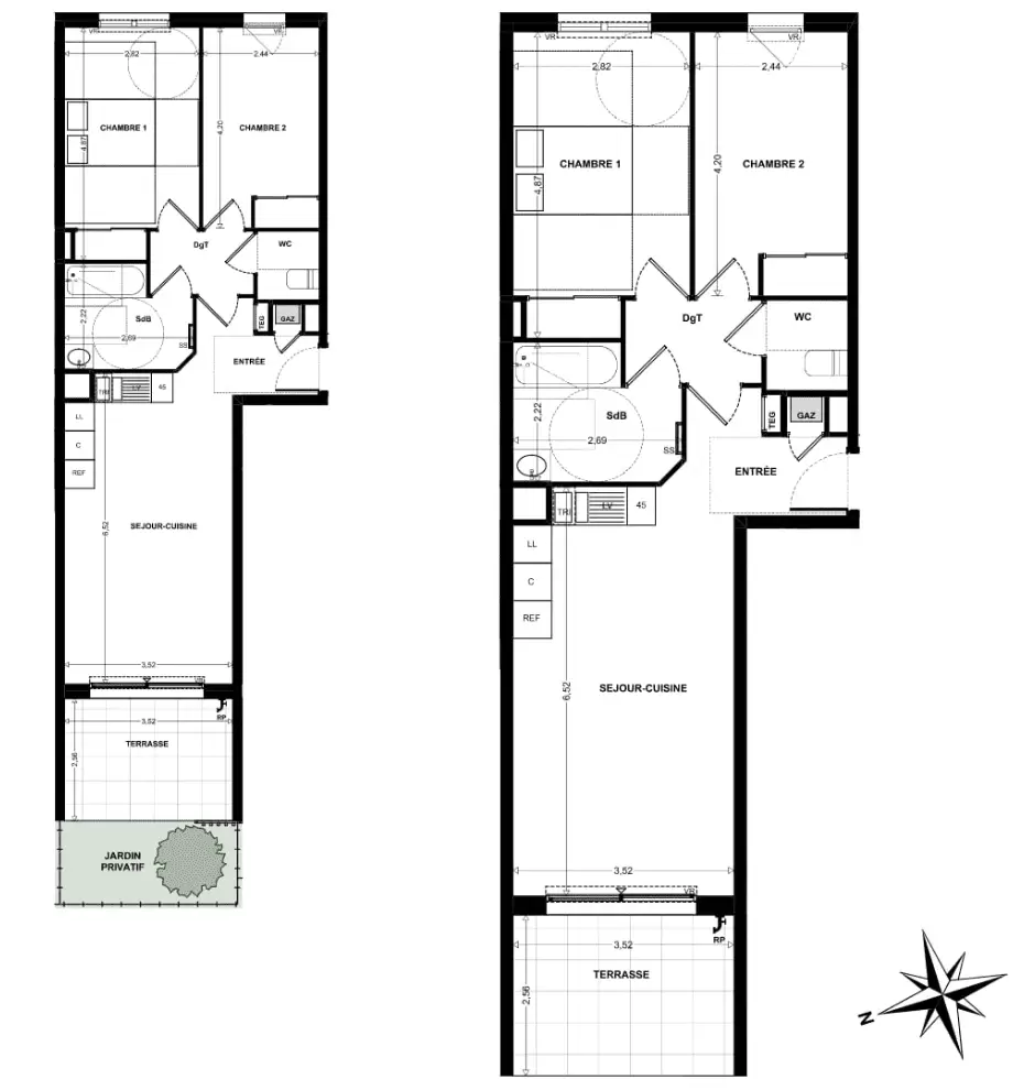Plan de construction du T3 avec jardin privatif