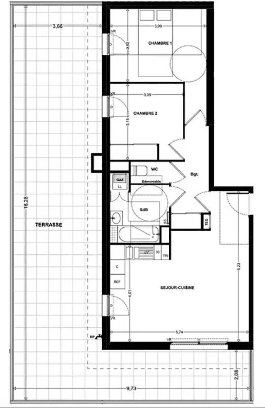 Plan de construction du T3 avec toit terrasse