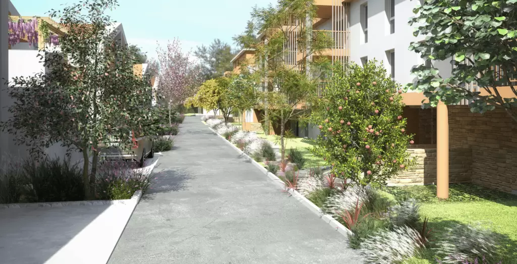 Immeuble moderne avec parking et quartier